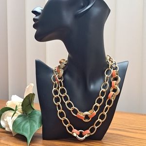Vintage Long Chain Link Necklace Rhinestone Orange Accents Heavy 36"